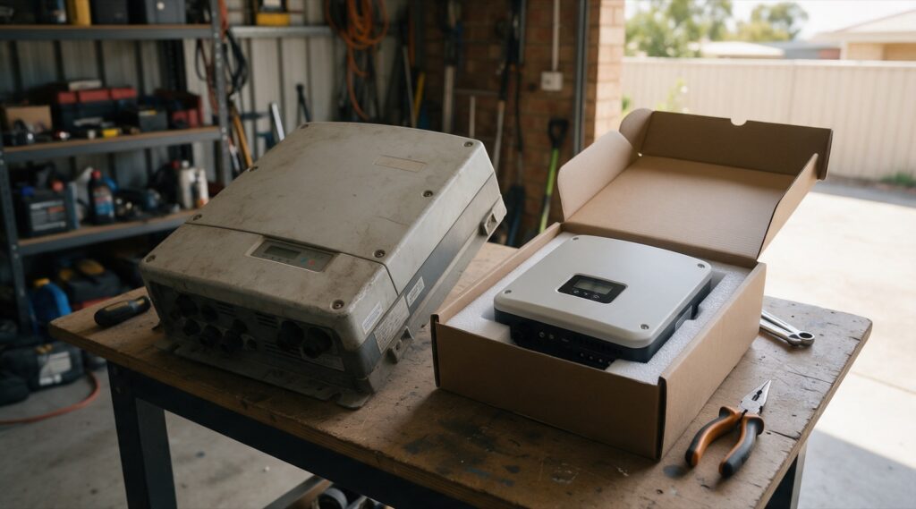 Old solar inverter beside a new replacement inverter on a garage workbench