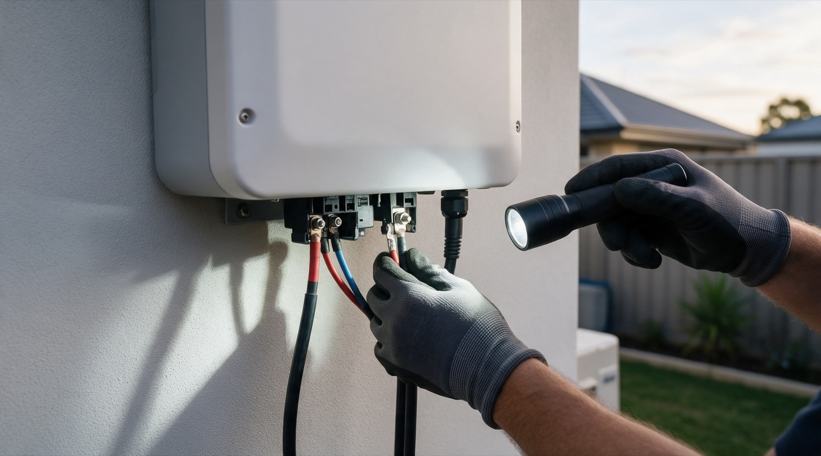 Sigenergy Recall: What WA Owners Should Do Now 1 Technician inspecting the AC cable connection on a wall-mounted hybrid inverter