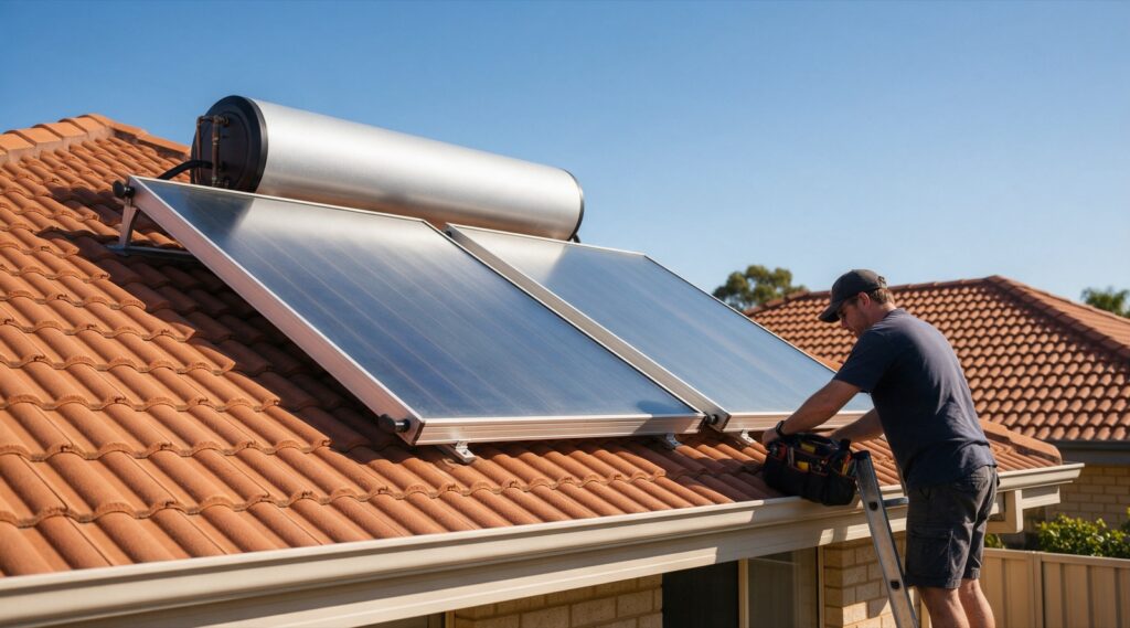 Technician servicing a rooftop solar hot water system on a Perth tile roof